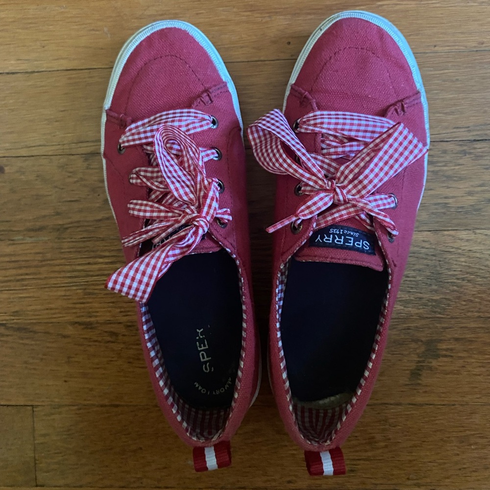 Sperry Red Canvas Shoes with Gingham Laces